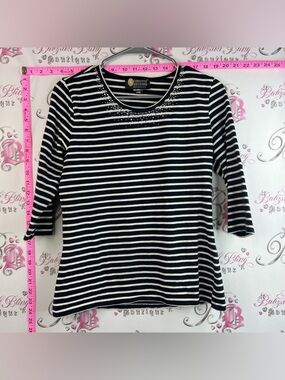 Christine Alexander Black & White Striped Scoop Neck Top with Rhinestone Detail
